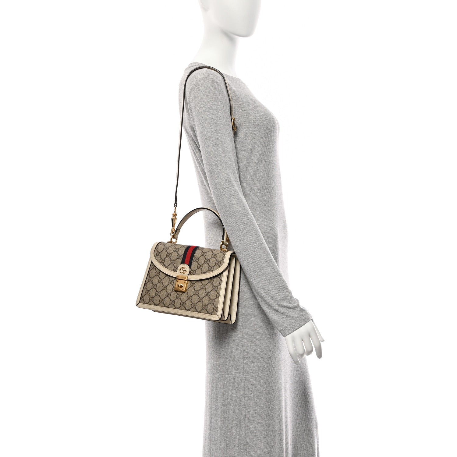 Gucci GG Supreme Monogram Textured Dollar Calfskin Web Small Ophidia Padlock Top Handle Bag Beige Ebony Mystic White 2 of 12