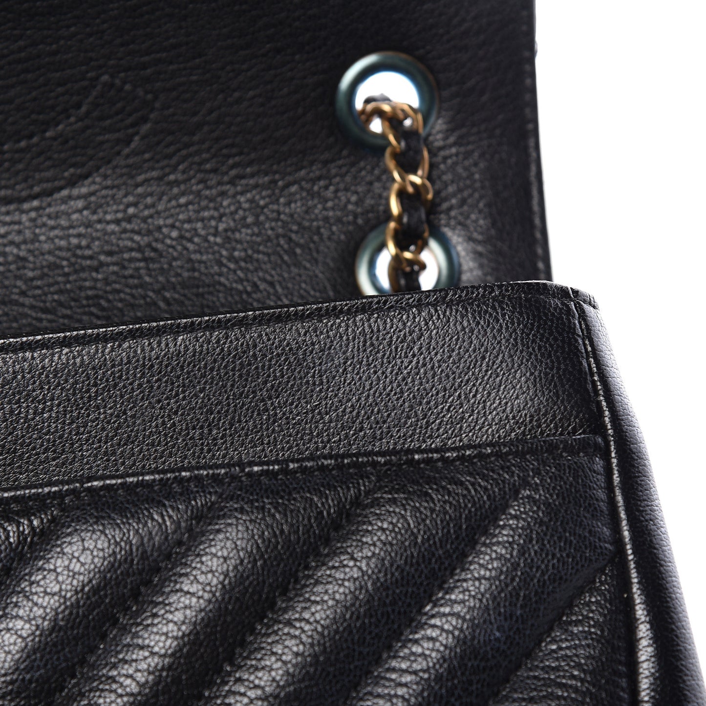 Shiny Goatskin Diagonal Quilted Small Flap Black