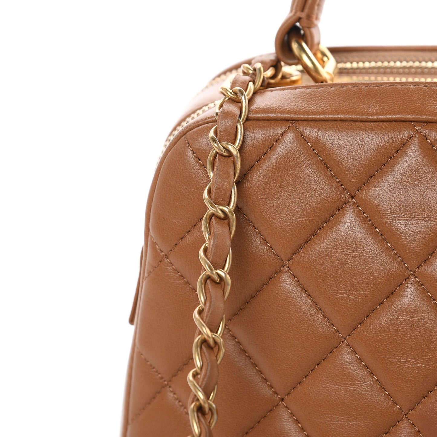 Lambskin Quilted Medium Trendy CC Bowling Bag Camel