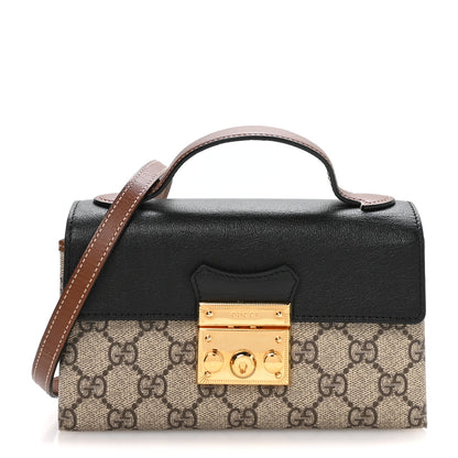 Gucci GG Supreme Monogram Calfskin Mini Padlock Top Handle Shoulder Bag Beige Black Cuir 1 of 10