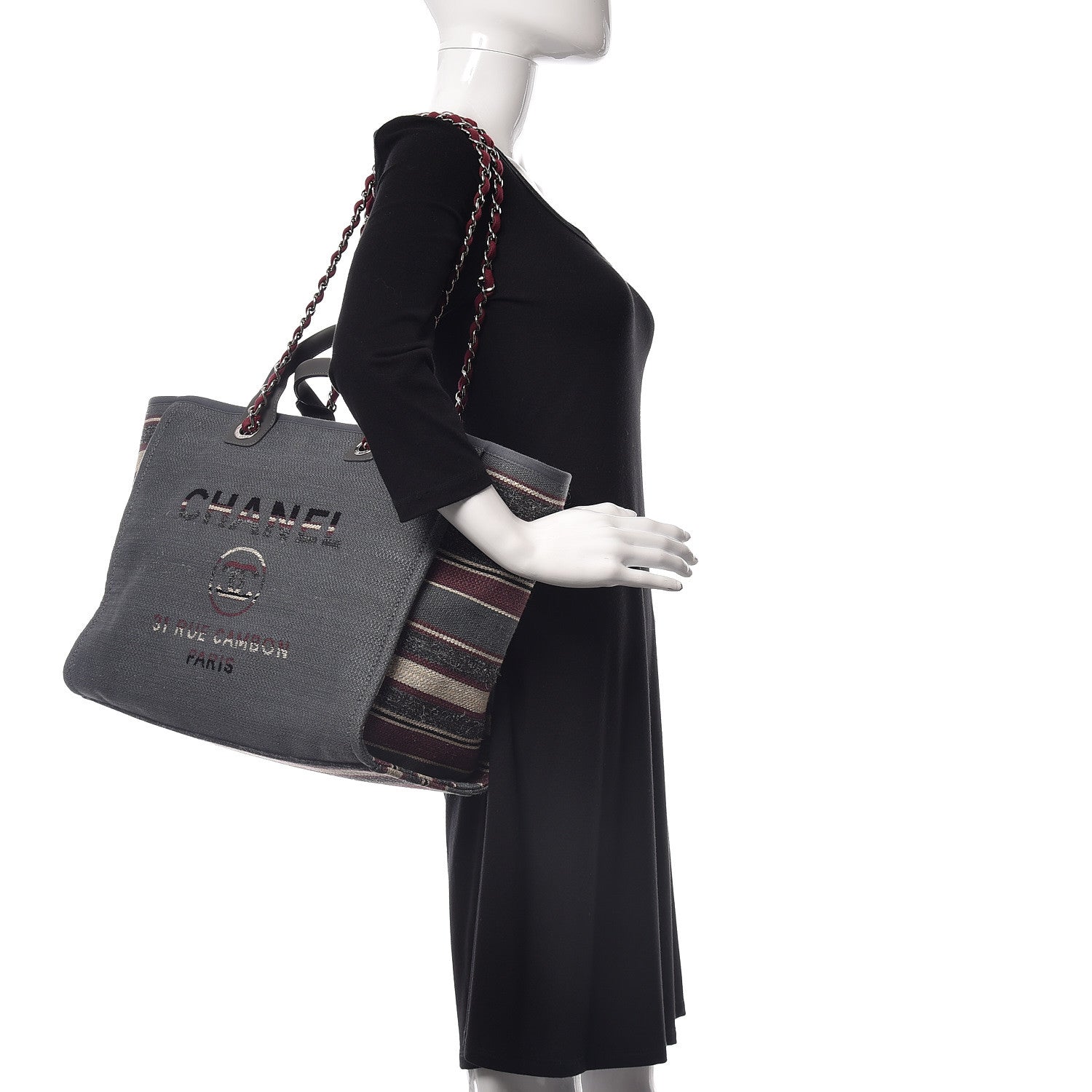 Chanel Striped Canvas Medium Deauville Tote Grey 2 of 12
