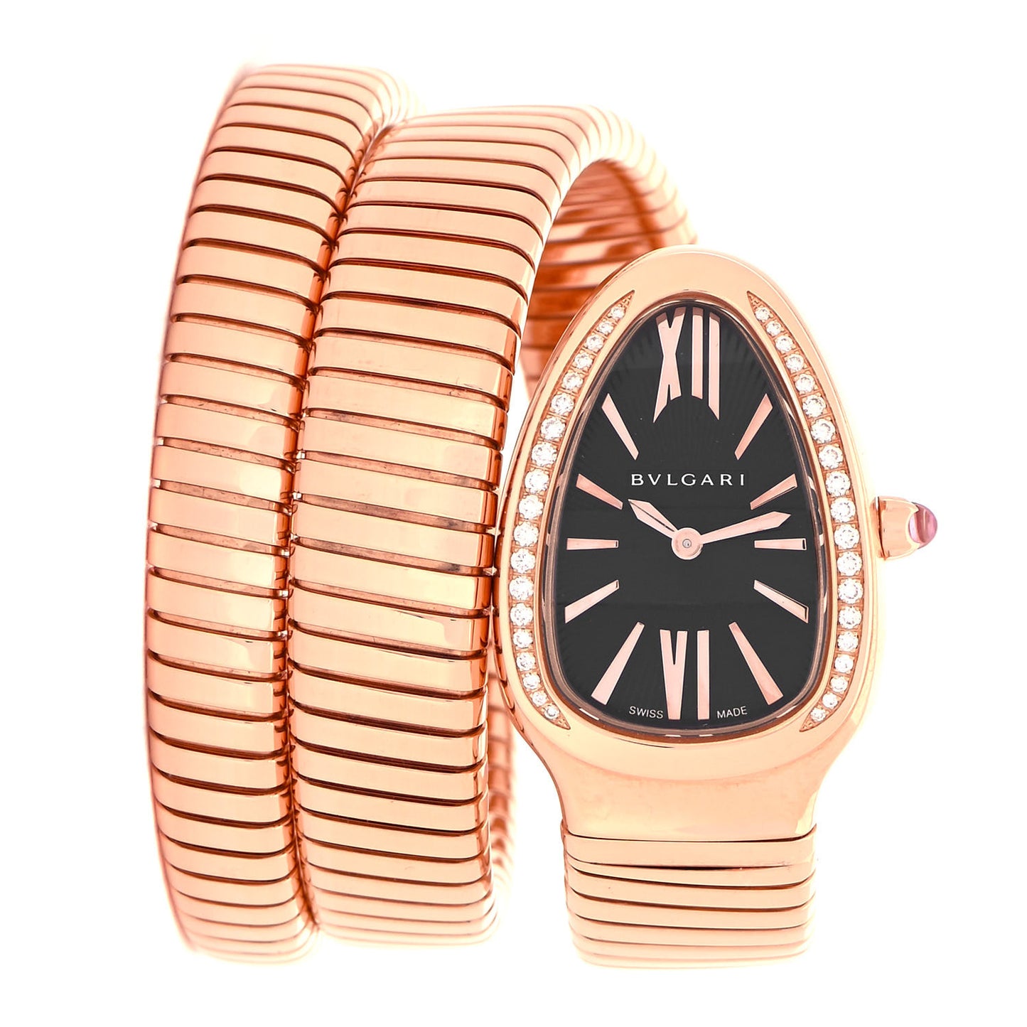 18K Rose Gold Diamond Bezel 35mm Serpenti Tubogas Double Spiral Quartz Watch Black
