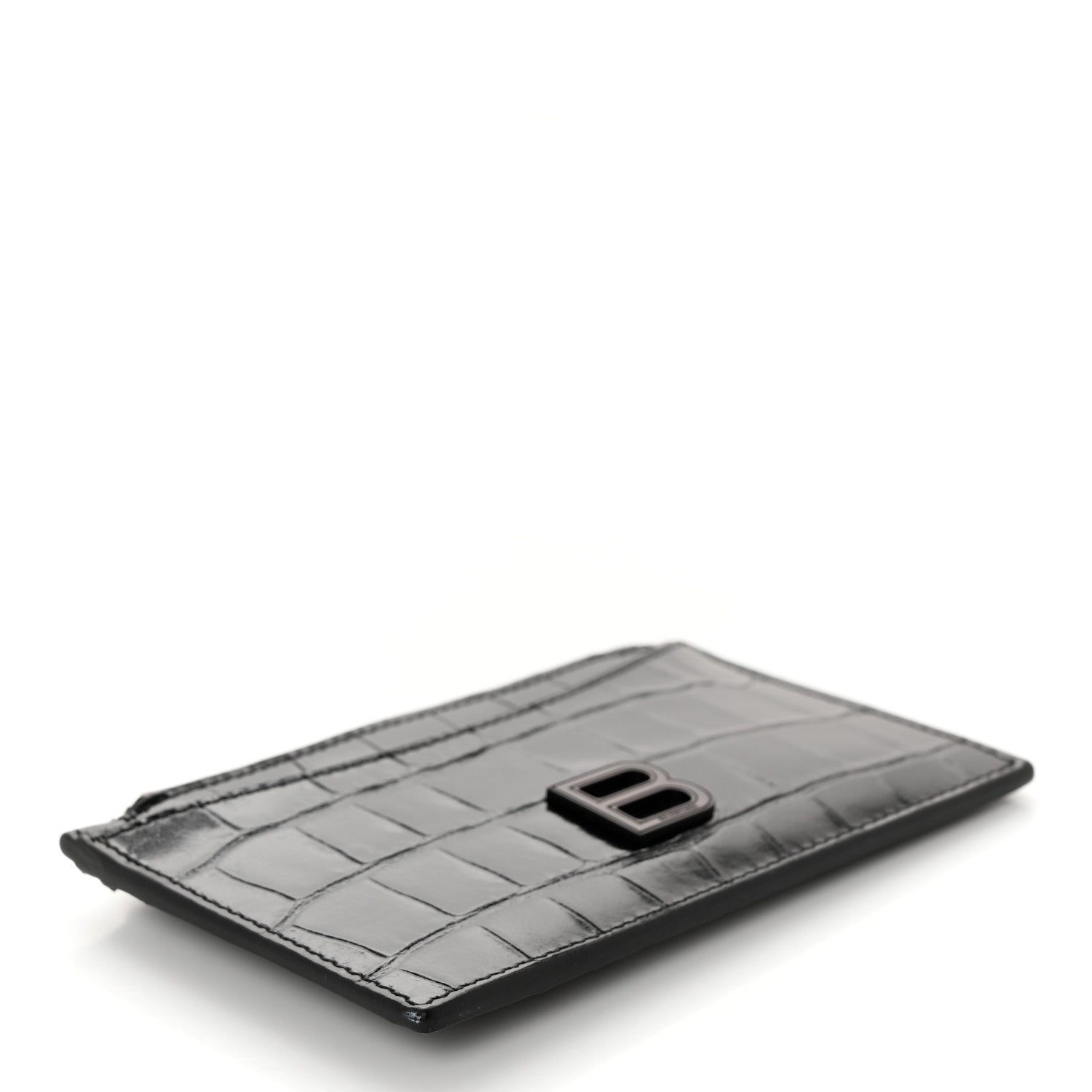 Balenciaga Shiny Calfskin Monochrome Crocodile Embossed Hourglass Long Coin Case Card Holder Black 4 of 7