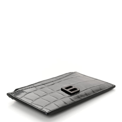 Balenciaga Shiny Calfskin Monochrome Crocodile Embossed Hourglass Long Coin Case Card Holder Black 4 of 7