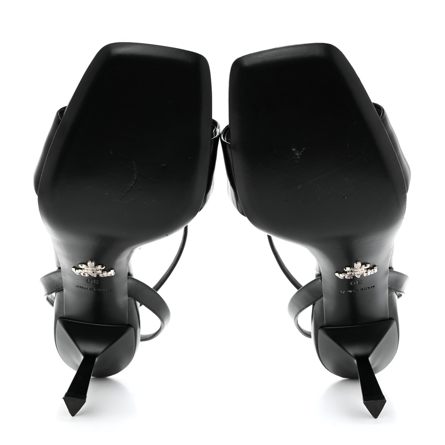 Prada Vernice Nylon Flower Metal Triangle Logo Open Toe 65mm Sandals 39 Black 5 of 8