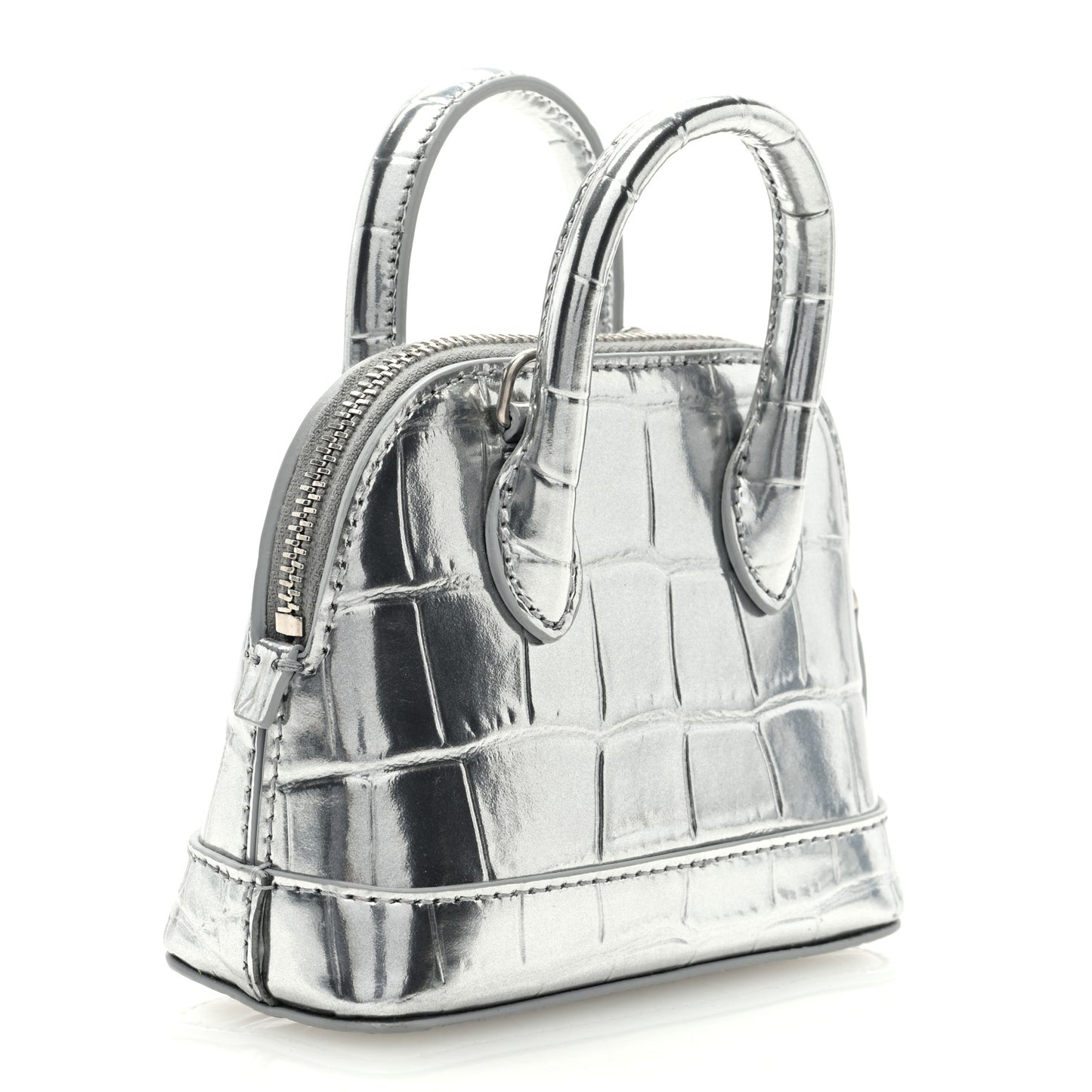 Metallic Calfskin Logo Crocodile Embossed Mini Ville Top Handle Bag Silver Black