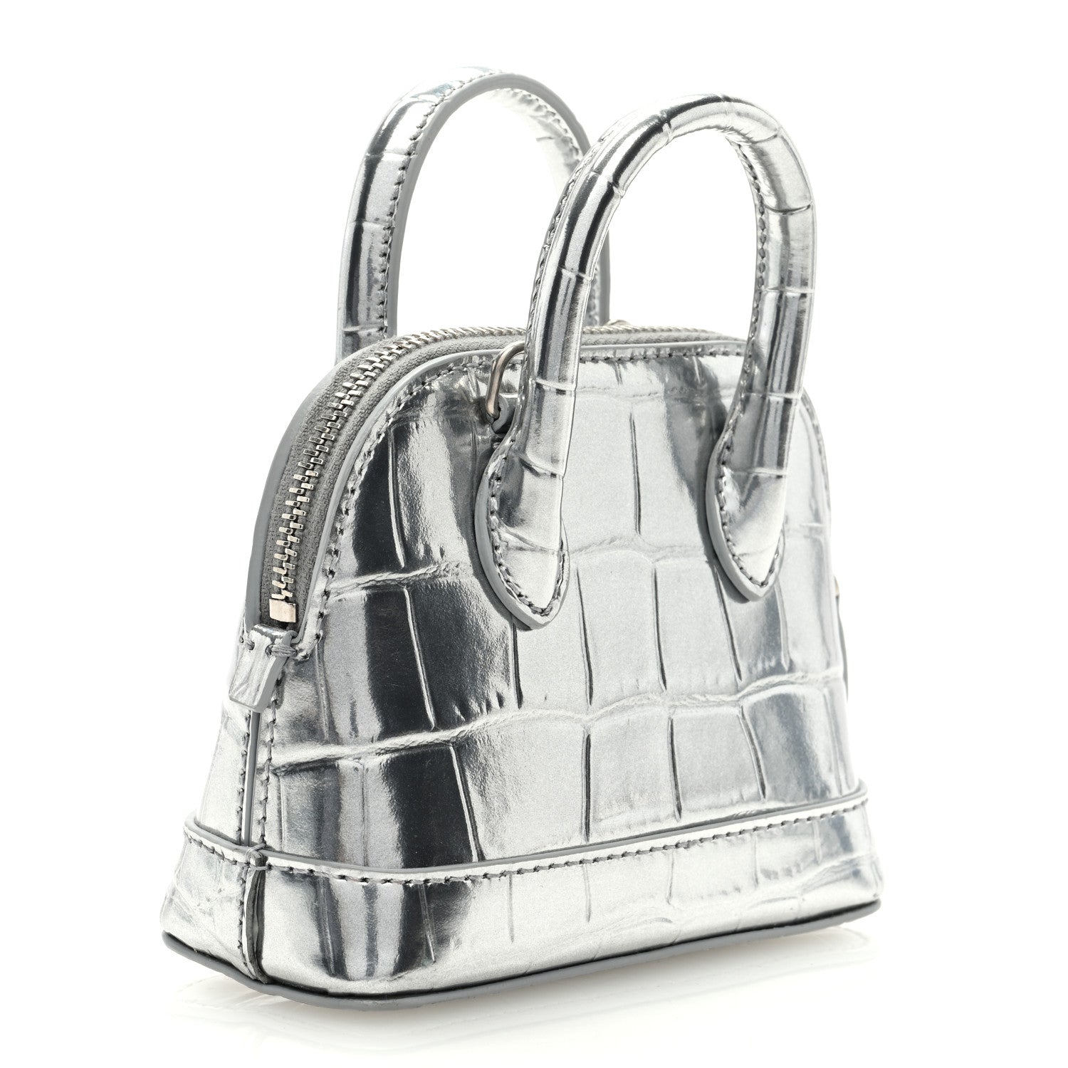 Balenciaga Metallic Calfskin Logo Crocodile Embossed Mini Ville Top Handle Bag Silver Black 3 of 6