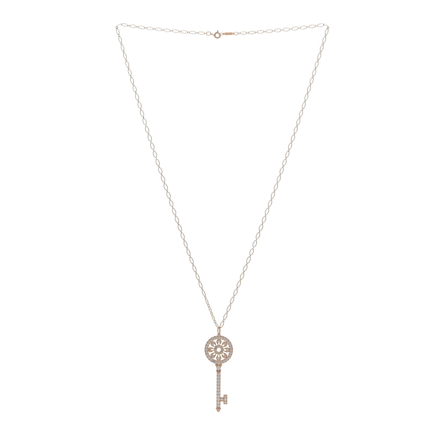 18K Rose Gold Diamond Petals Key Pendant Oval Link Necklace