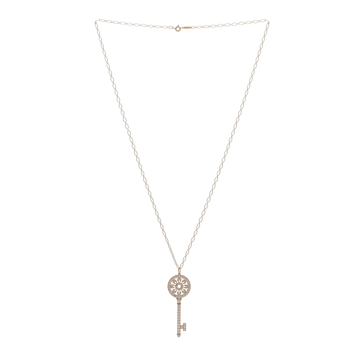 Tiffany 18K Rose Gold Diamond Petals Key Pendant Oval Link Necklace 3 of 4
