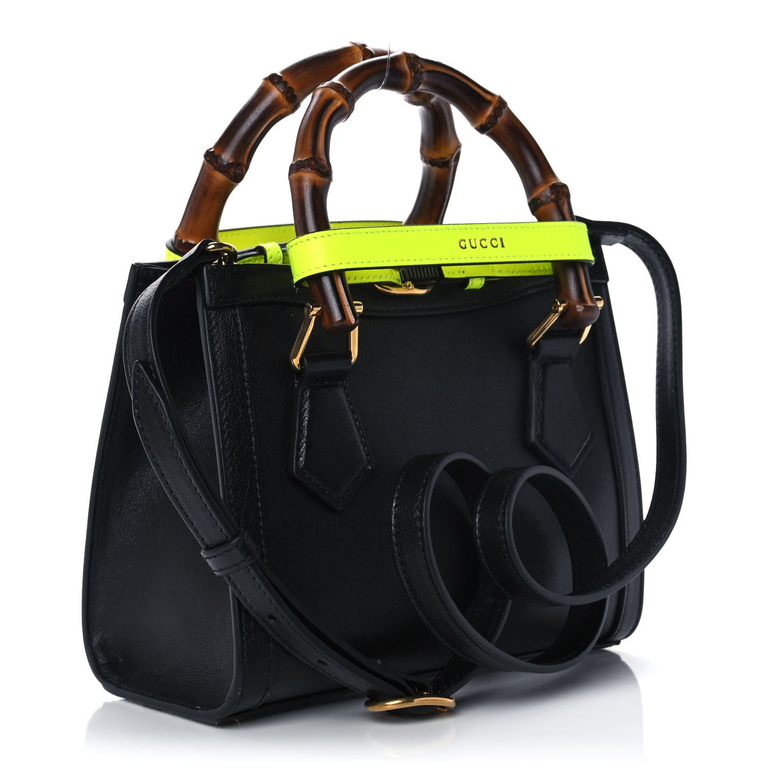 Gucci Wonka Grain Calfskin Mini Diana Tote Bag Black Yellow Fluo 2 of 10