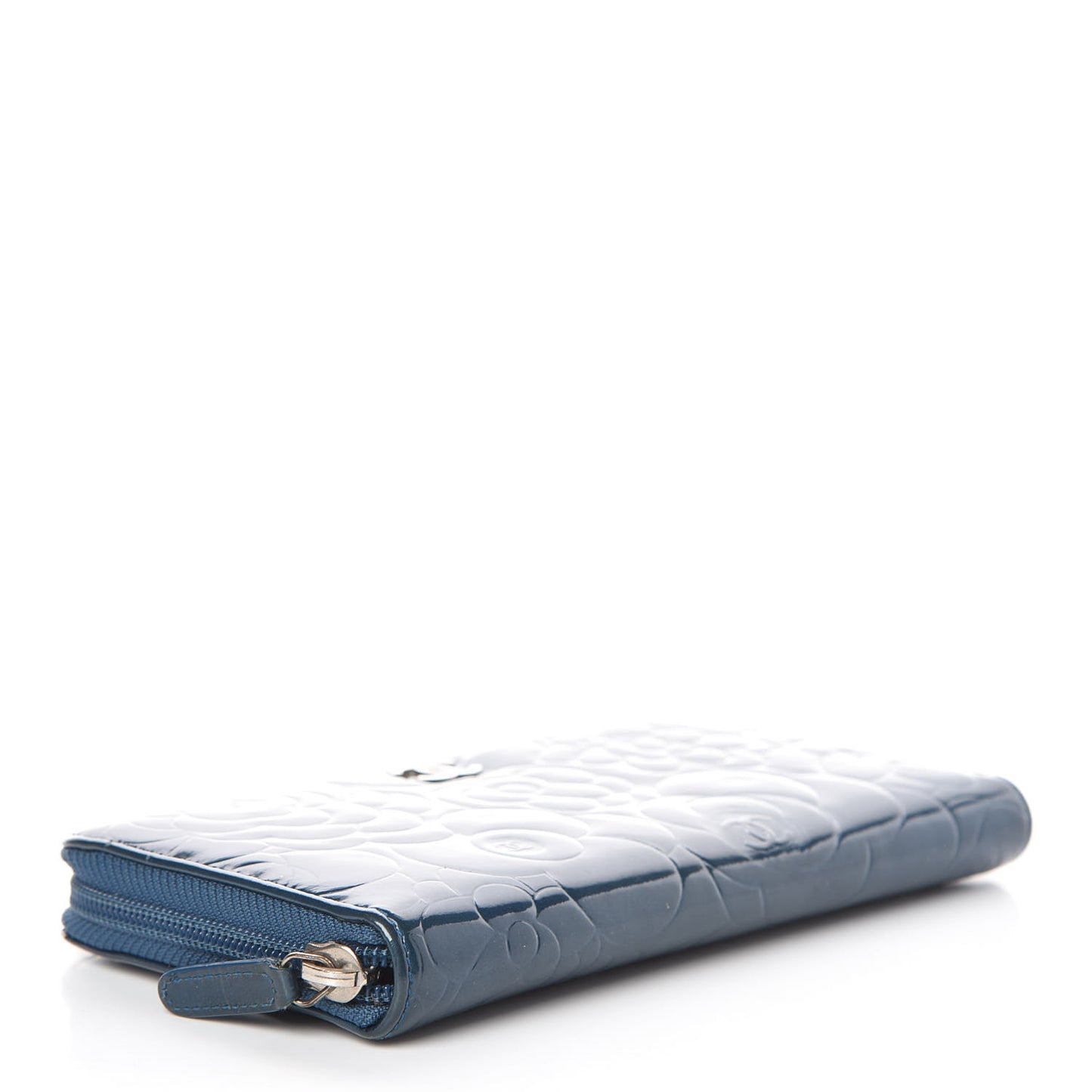 Patent Camellia Embossed Large Gusset Zip Around Wallet Blue
