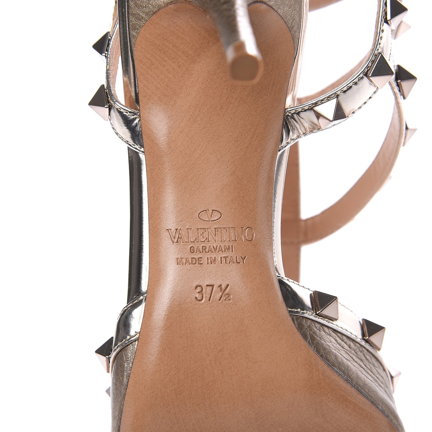 Valentino Garavani Metallic Pebbled Calfskin Patent Rockstud Ankle Strap 65mm Pumps 37.5 Skin 6 of 7