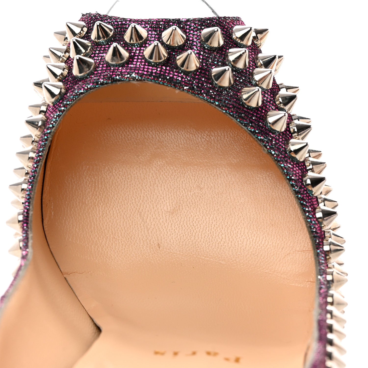 Christian Louboutin Lame Satin Lady Peep Spikes 150 Pumps 36 Turquoise Violet Silver 13 of 13