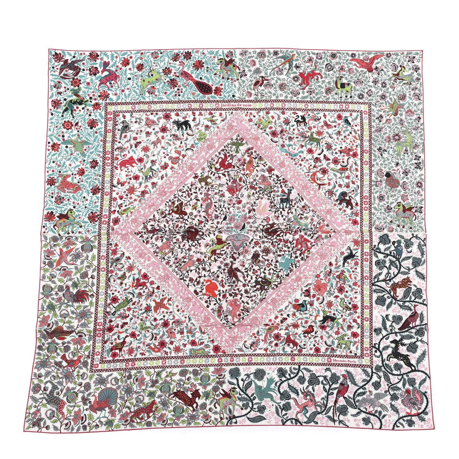 Hermes Cashmere Silk Jardins De Soie Shawl 140 Vert Rose White 1 of 5