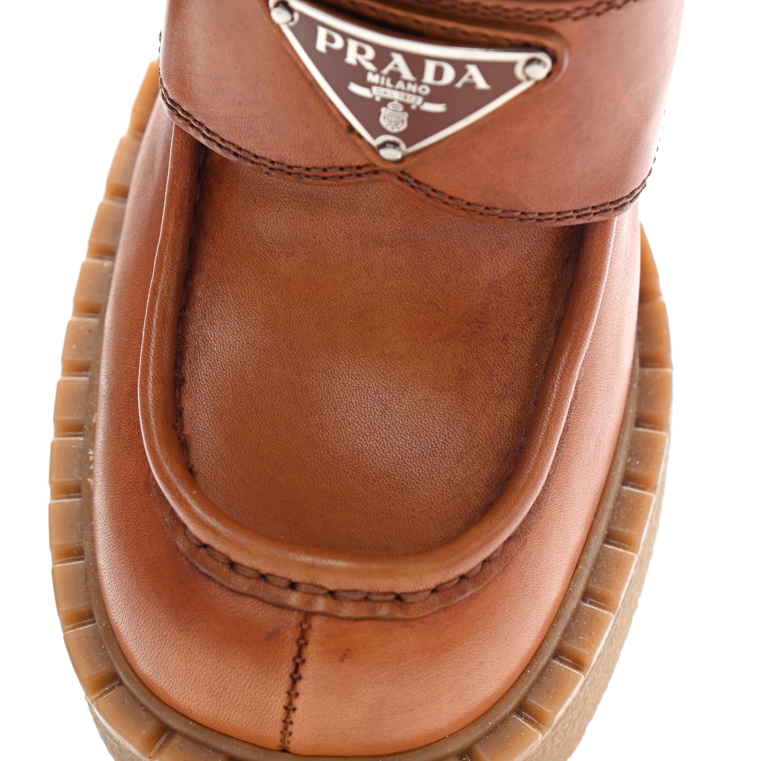 Prada Calfskin Metal Triangle Logo Flow Heeled Loafers 36 Caramel 17 of 18
