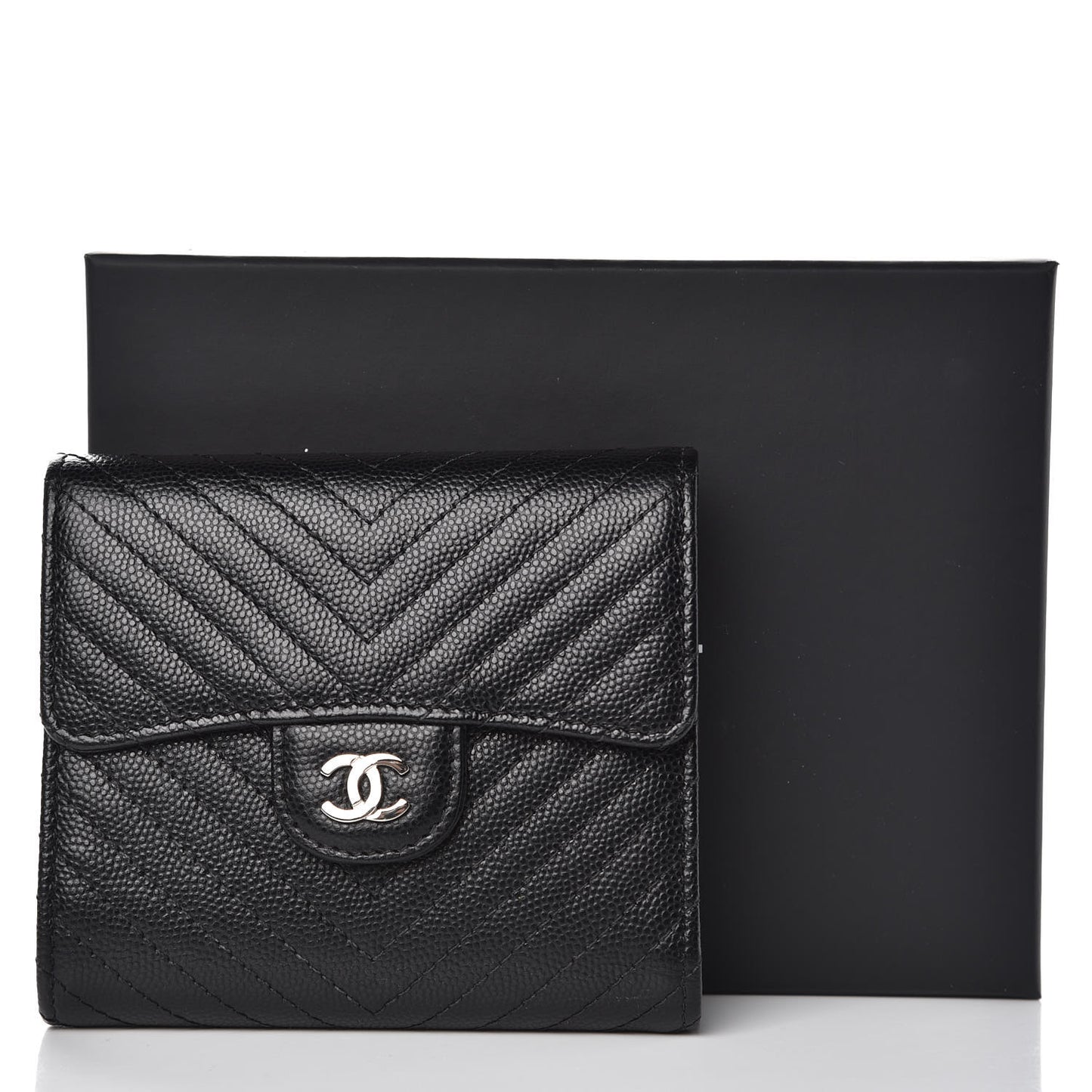 Caviar Chevron Quilted Compact Flap Wallet Black