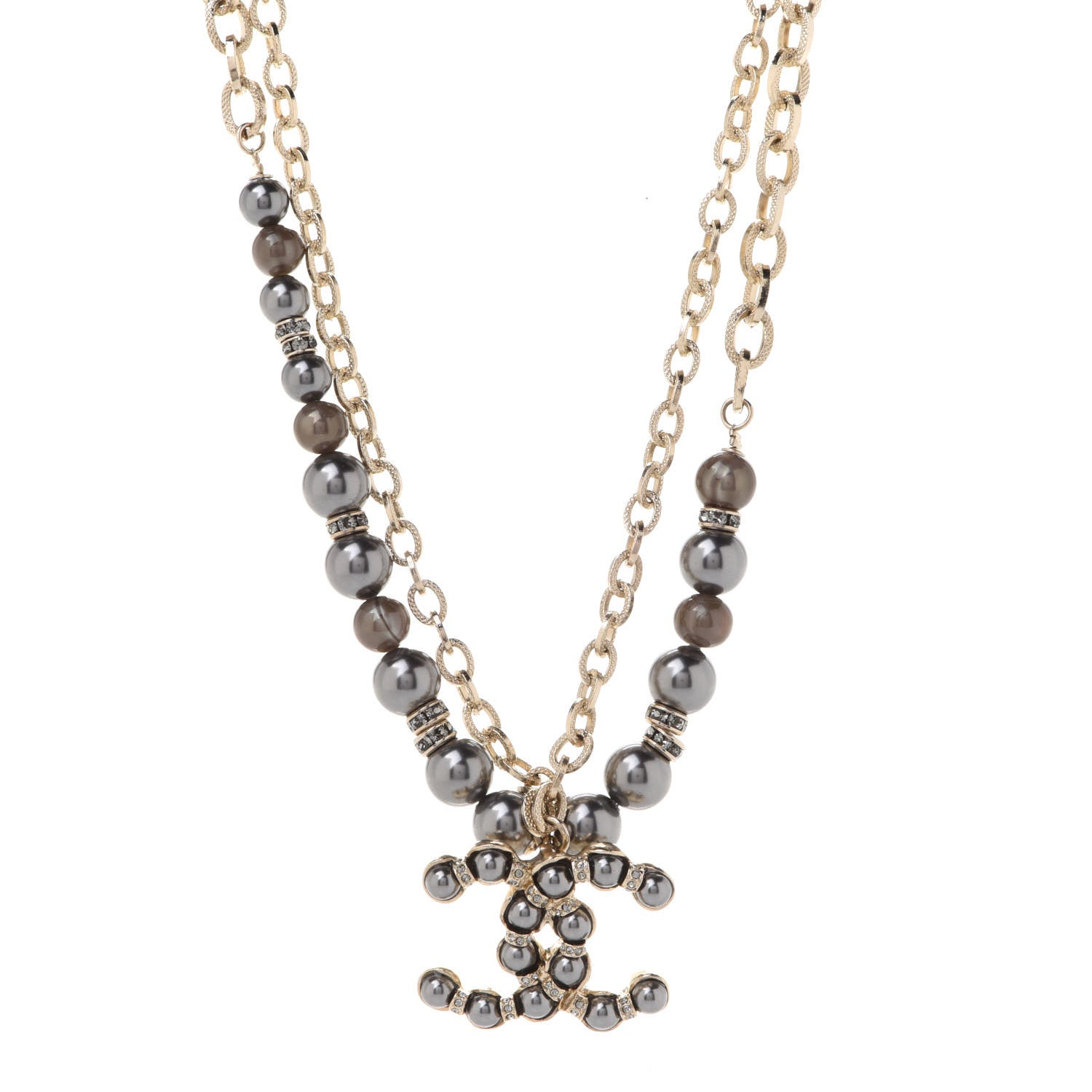 Chanel Crystal Pearl Nefertiti CC Double Chain Pendant Necklace Gold Dark Grey 1 of 6