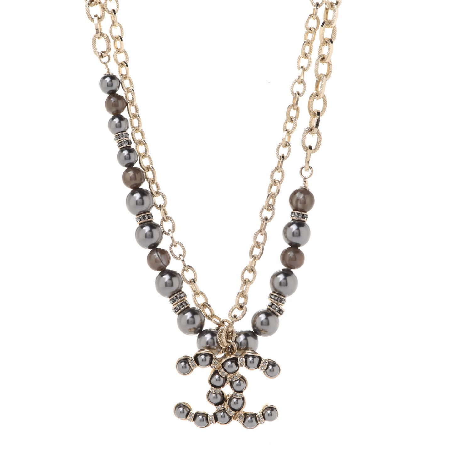 Crystal Pearl Nefertiti CC Double Chain Pendant Necklace Gold Dark Grey
