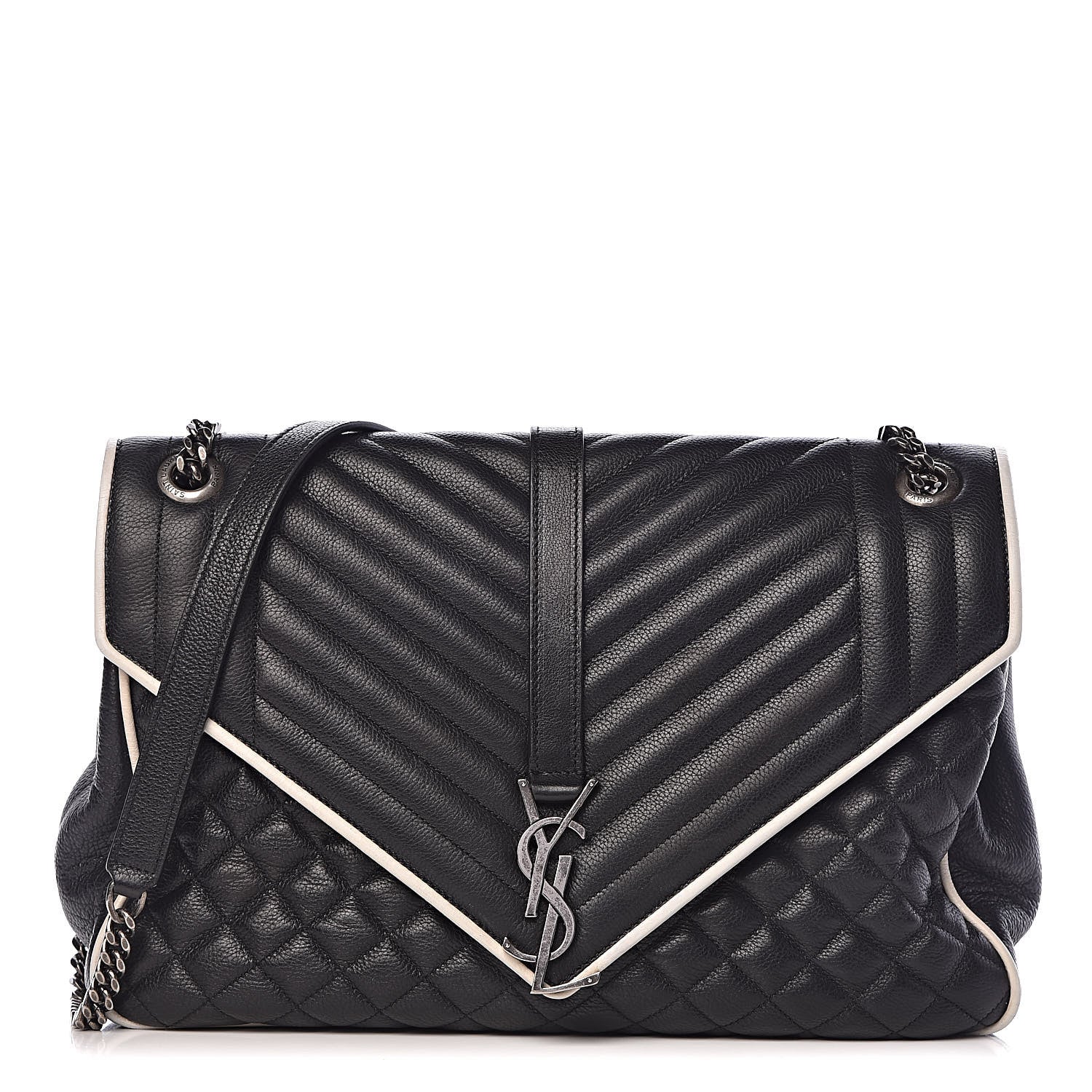 Saint Laurent Calfskin Mixed Matelasse Triquilt Large Monogram Envelope Satchel Black White 1 of 11