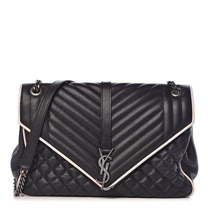 Saint Laurent Calfskin Mixed Matelasse Triquilt Large Monogram Envelope Satchel Black White 1 of 11