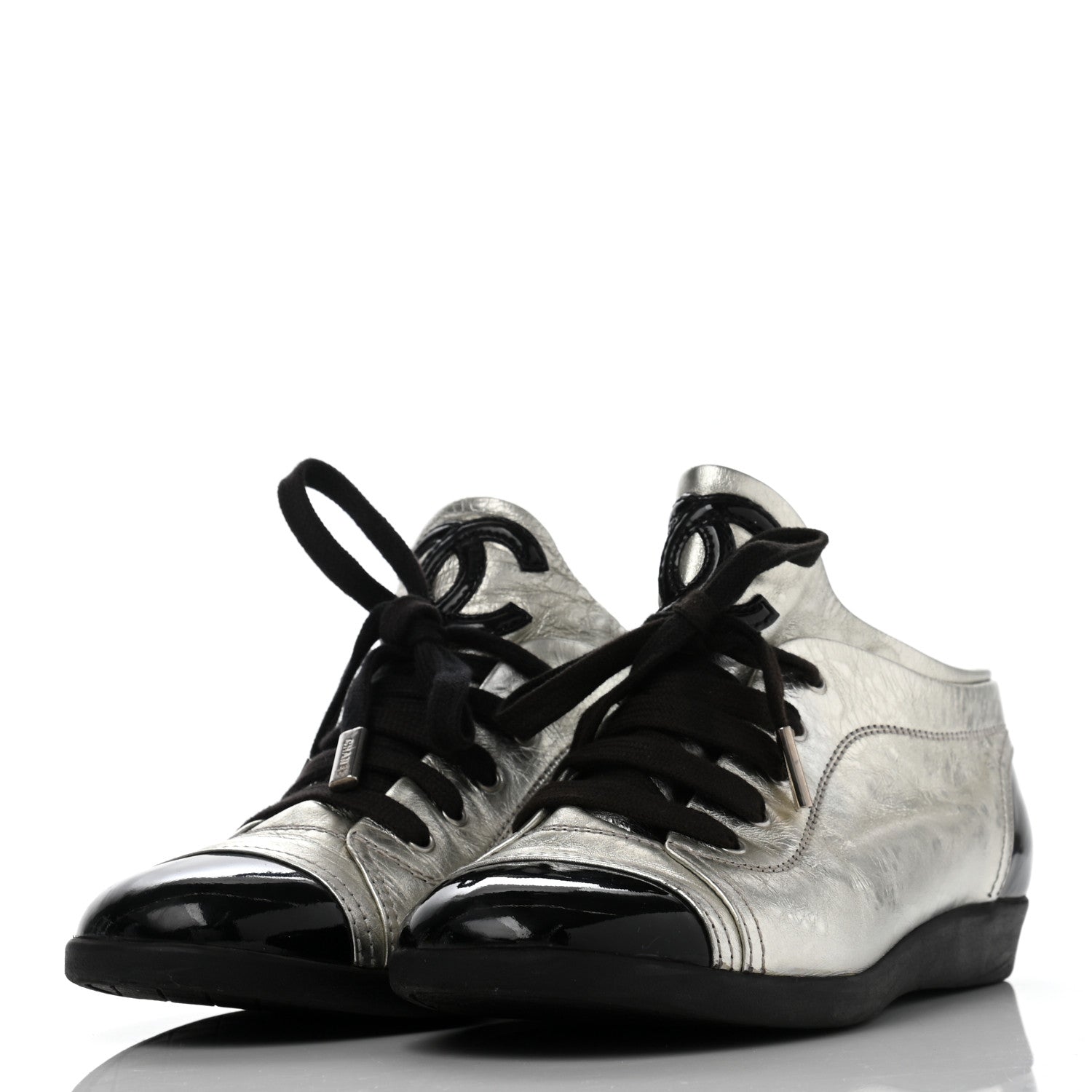 Chanel Metallic Lambskin Patent Cap Toe CC Sneakers 38.5 Silver Black 3 of 13