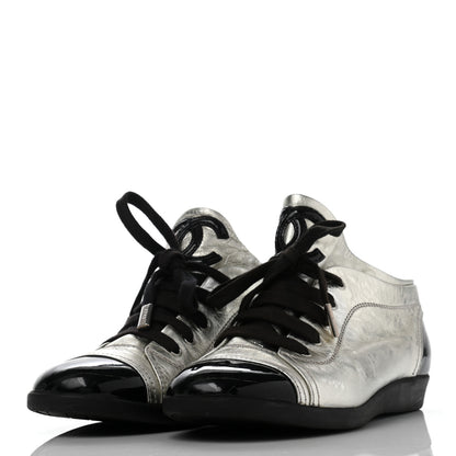 Chanel Metallic Lambskin Patent Cap Toe CC Sneakers 38.5 Silver Black 3 of 13
