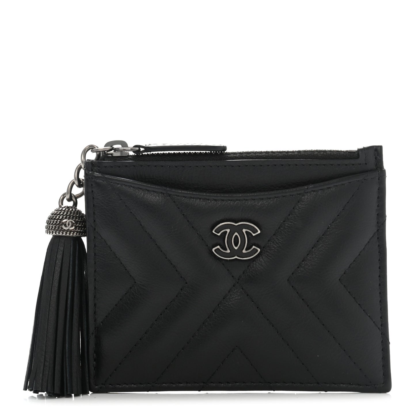 Calfskin Chevron Quilted Tassel Zip Card Holder Black