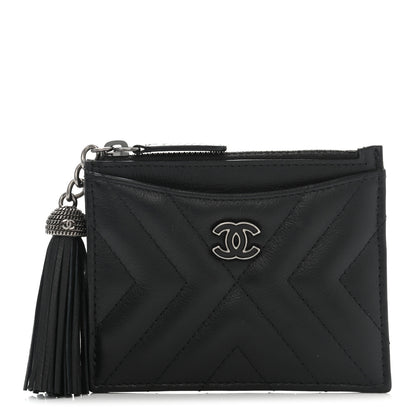 Chanel Calfskin Chevron Quilted Tassel Zip Card Holder Black 1 of 9