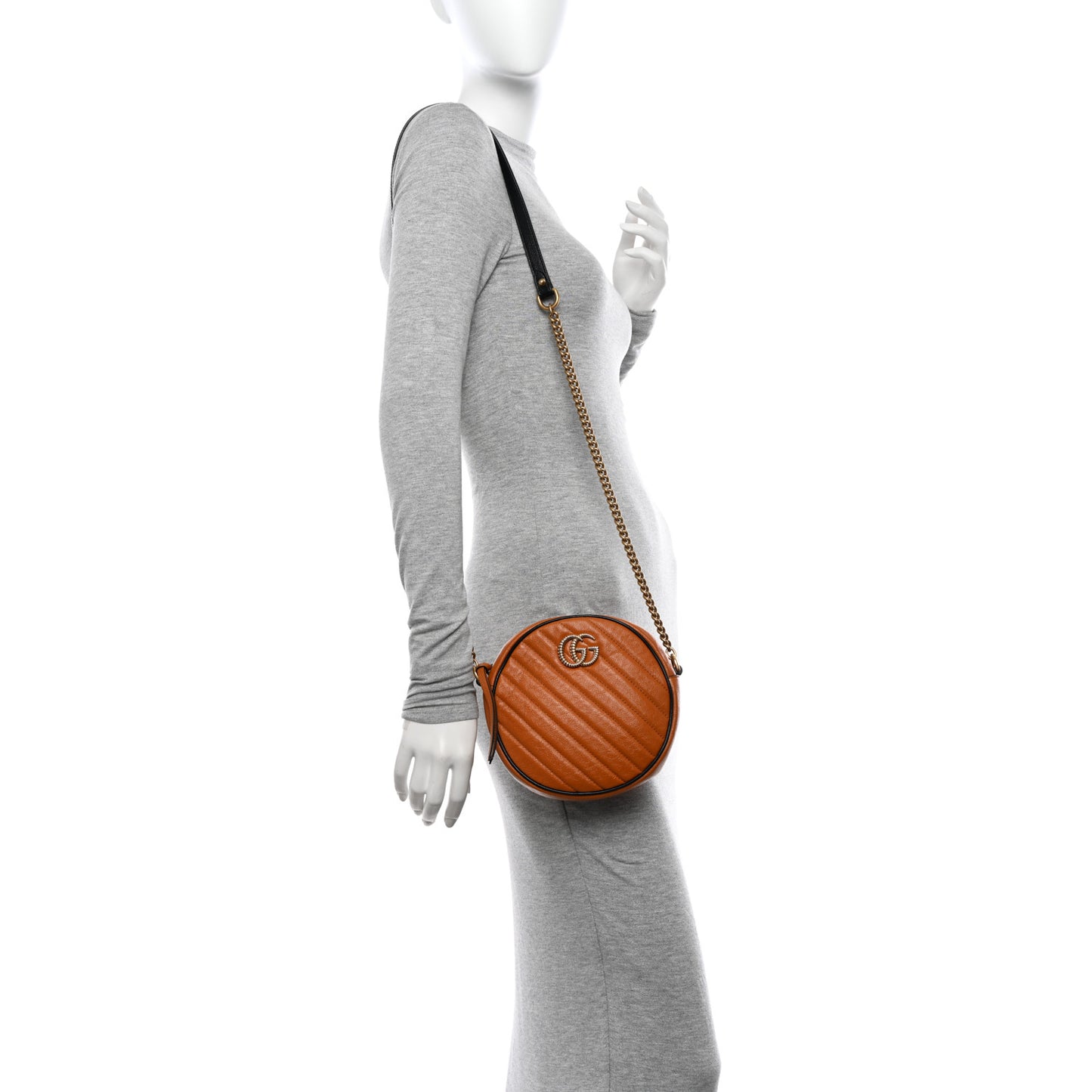Azalea Calfskin Matelasse Diagonal Mini Torchon GG Marmont Round Shoulder Bag Cognac Black