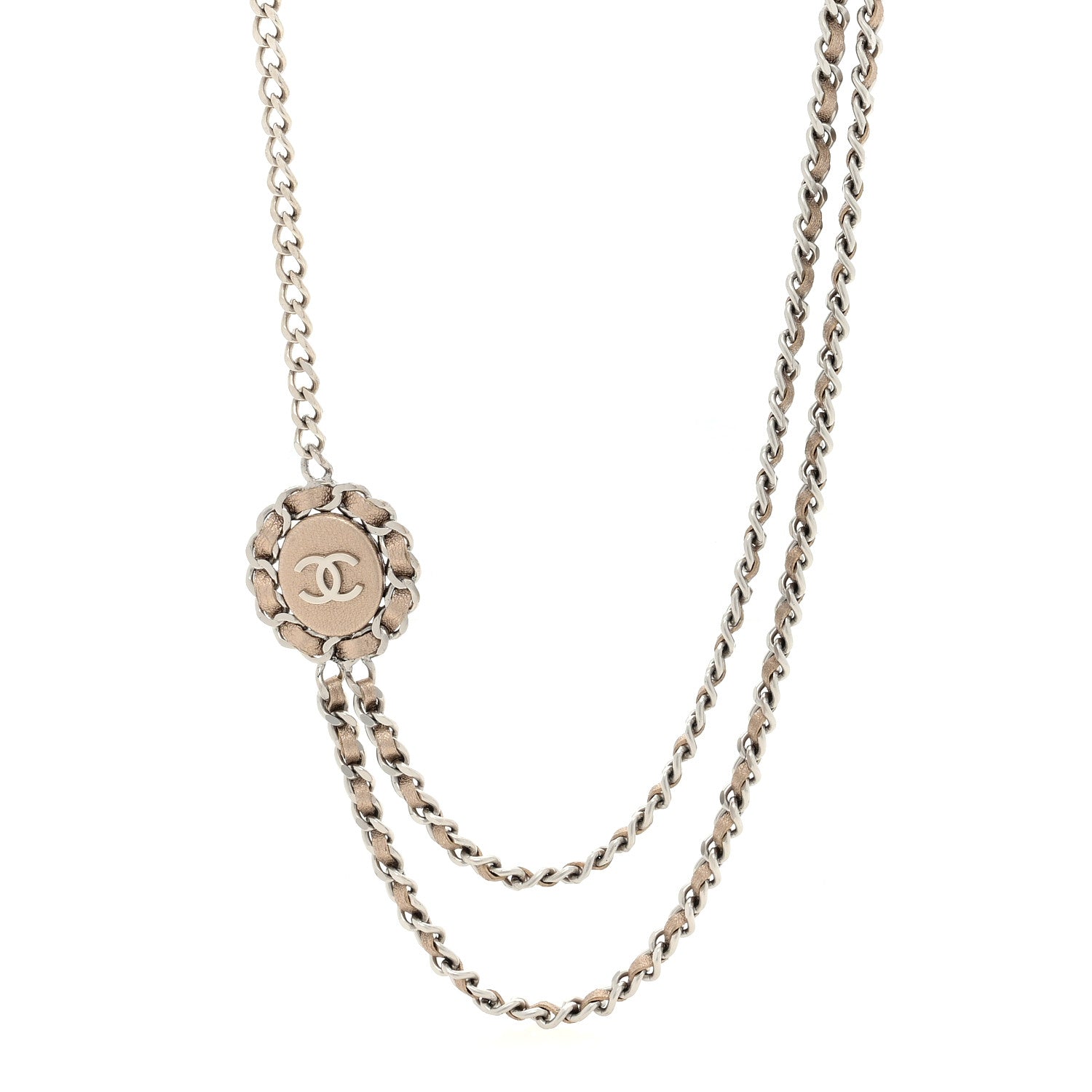 Chanel Metallic Lambskin CC Long Chain Necklace Gold Silver 1 of 5