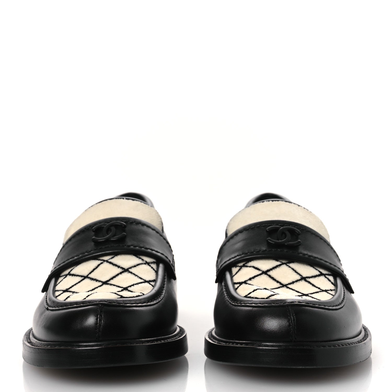 Chanel Calfskin Fabric Embroidered Quilted CC Loafers 37 Ivory Black 3 of 11