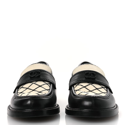 Chanel Calfskin Fabric Embroidered Quilted CC Loafers 37 Ivory Black 3 of 11