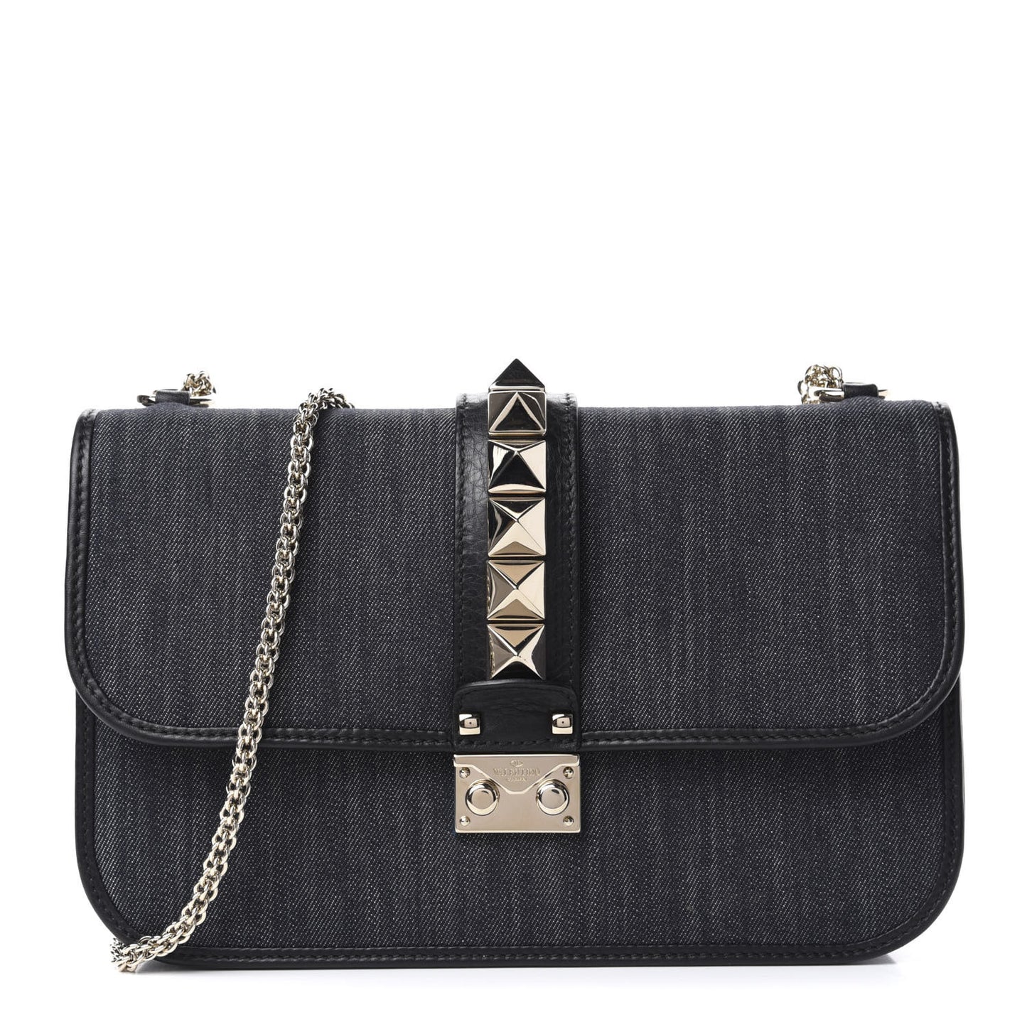 Denim Medium Glam Lock Rockstud Flap Deep Denim