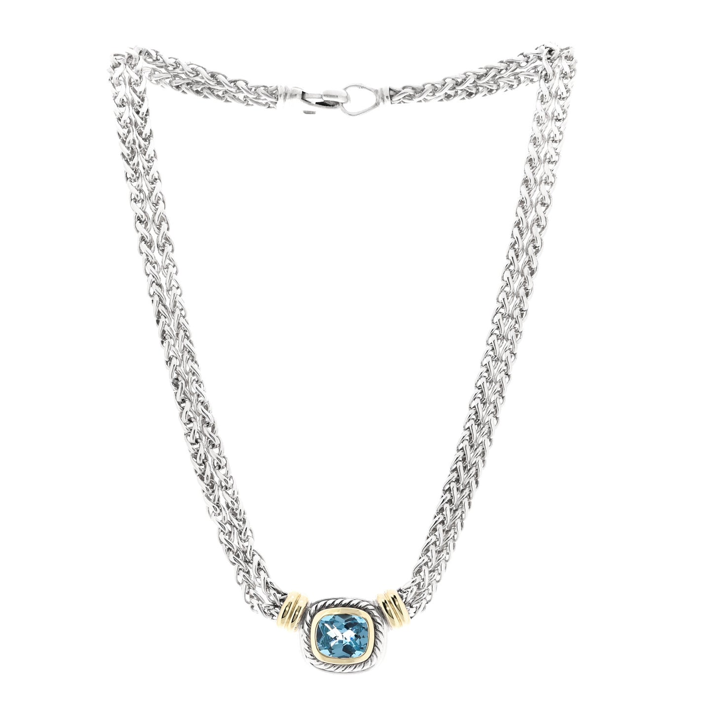 Sterling Silver 14K Yellow Gold Blue Topaz Double Wheat Chain Necklace