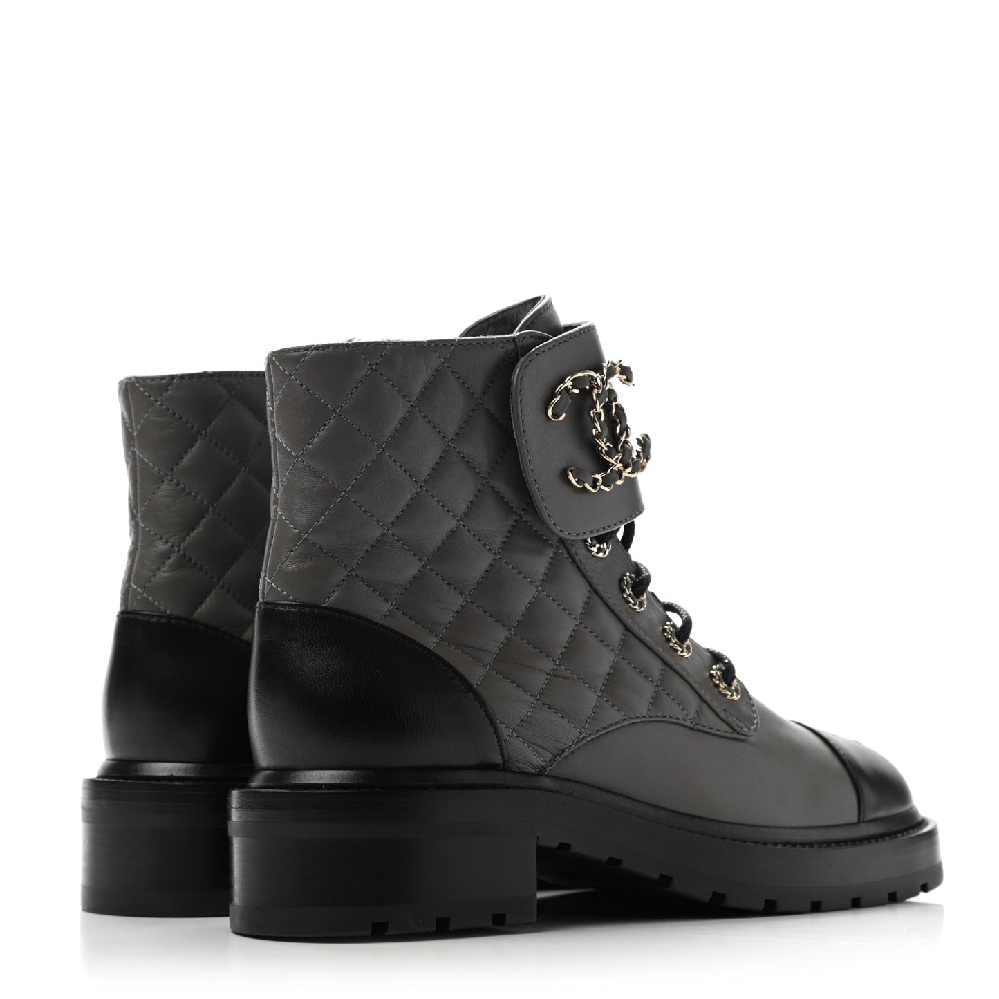 Shiny Lambskin Quilted Lace Up Combat Boots 38.5 Grey Black