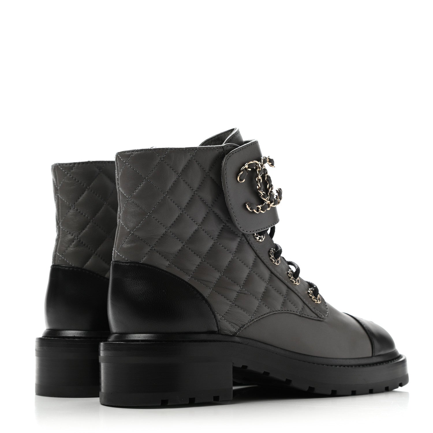 Chanel Shiny Lambskin Quilted Lace Up Combat Boots 38.5 Grey Black 4 of 13