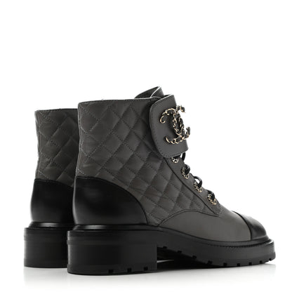 Chanel Shiny Lambskin Quilted Lace Up Combat Boots 38.5 Grey Black 4 of 13