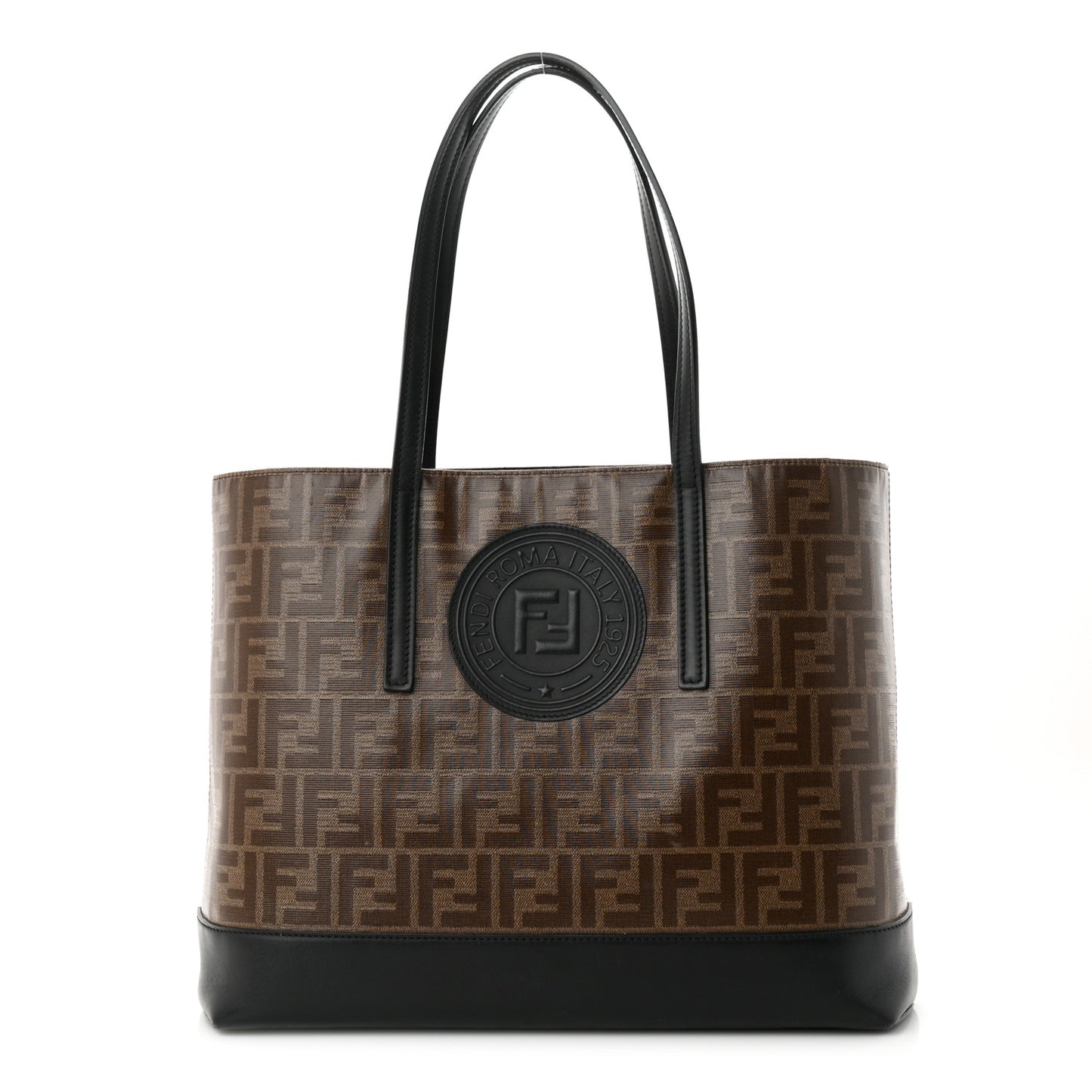 Glazed Fabric Vitello Century FF 1974 Stamp Patch Shopping Tote Mogano Panna Black