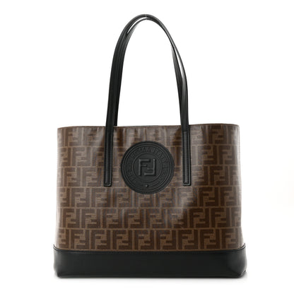 Fendi Glazed Fabric Vitello Century FF 1974 Stamp Patch Shopping Tote Mogano Panna Black 1 of 14