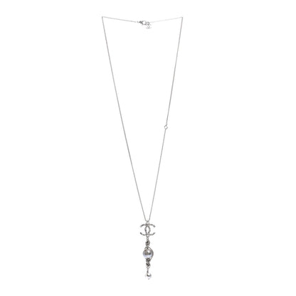 Chanel Pearl Crystal Resin CC Drop Necklace Silver Dark Grey 3 of 7