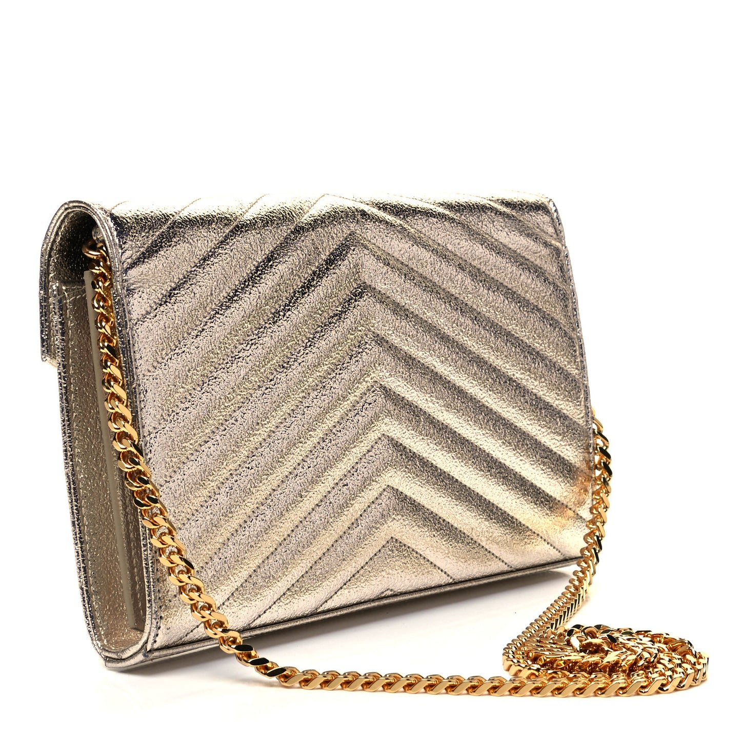 Metallic Grain De Poudre Matelasse Chevron Monogram Chain Wallet Gold