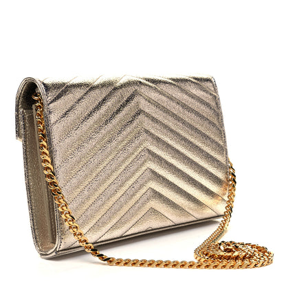 Saint Laurent Metallic Grain De Poudre Matelasse Chevron Monogram Chain Wallet Gold 2 of 8
