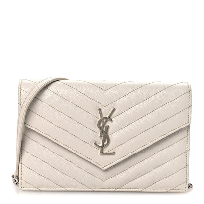 Saint Laurent Grain De Poudre Matelasse Chevron Monogram Envelope Chain Wallet Optical White 1 of 11