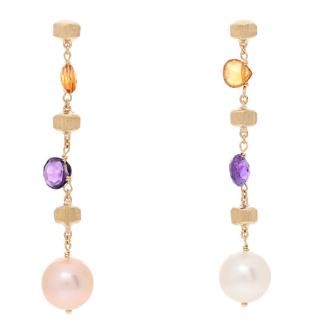18K Yellow Gold Amethyst Citrine Cultured Pearl Paradise Drop Earrings