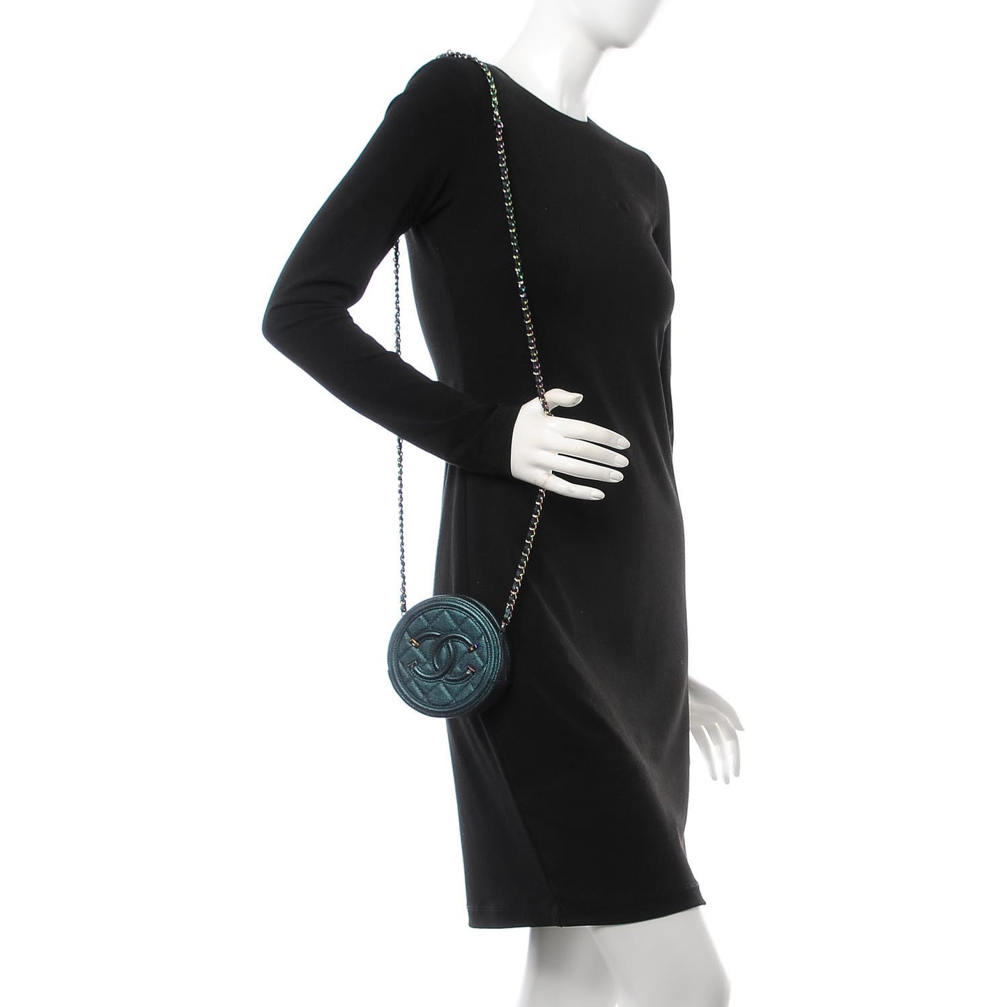 Iridescent Caviar Quilted Round Filigree Crossbody Dark Turquoise