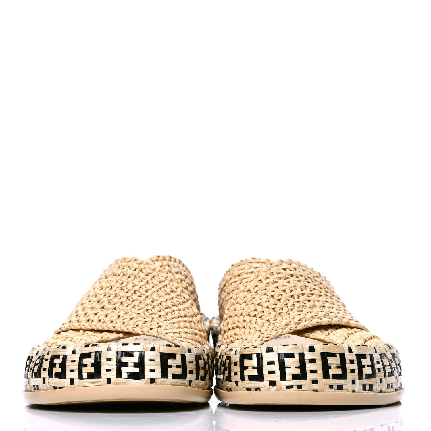 Fendi Raffia FF Woven Reflections Crisscross Slide Sandals 37 Naturale Black 2 of 4