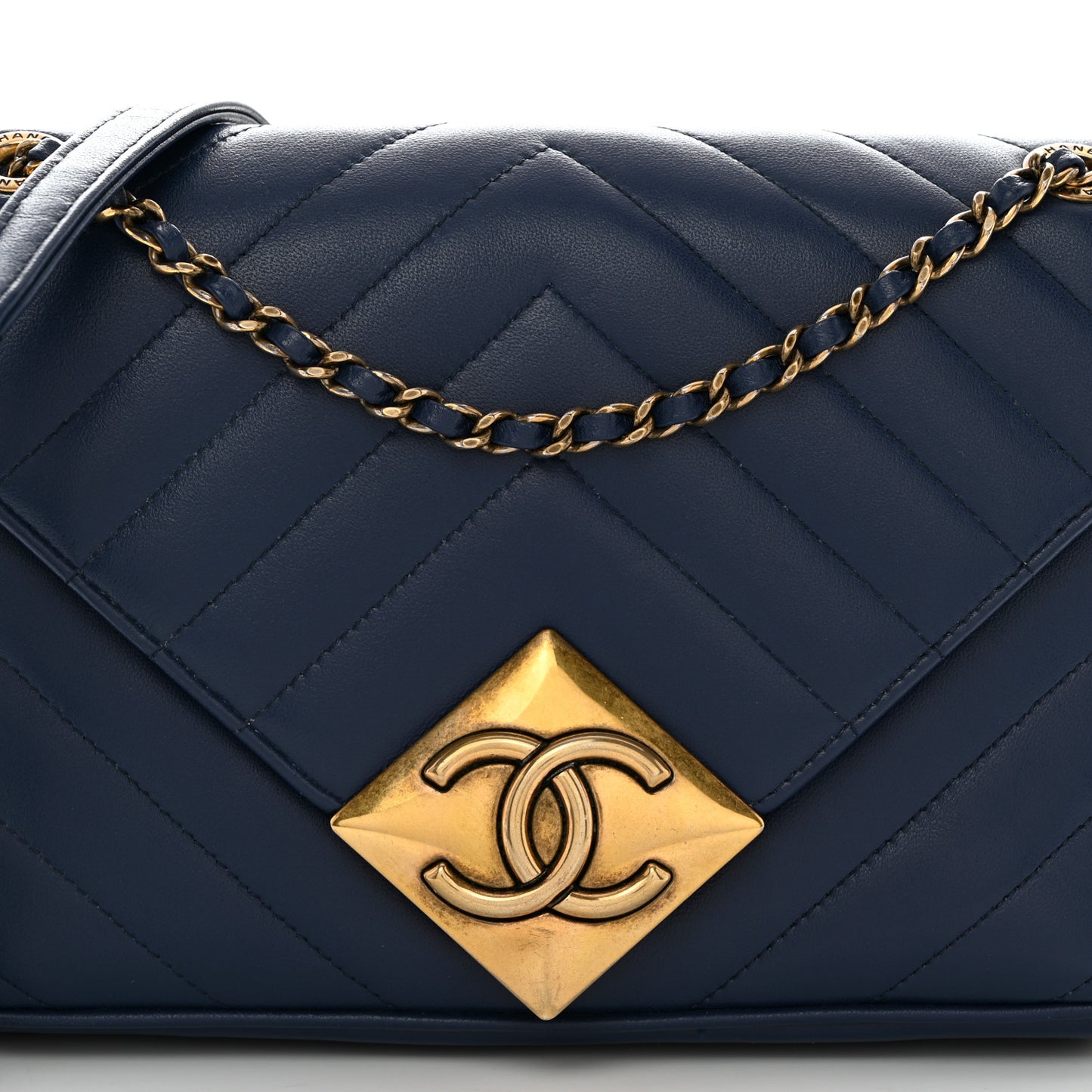 Lambskin Chevron Quilted Small Pyramid CC Flap Navy