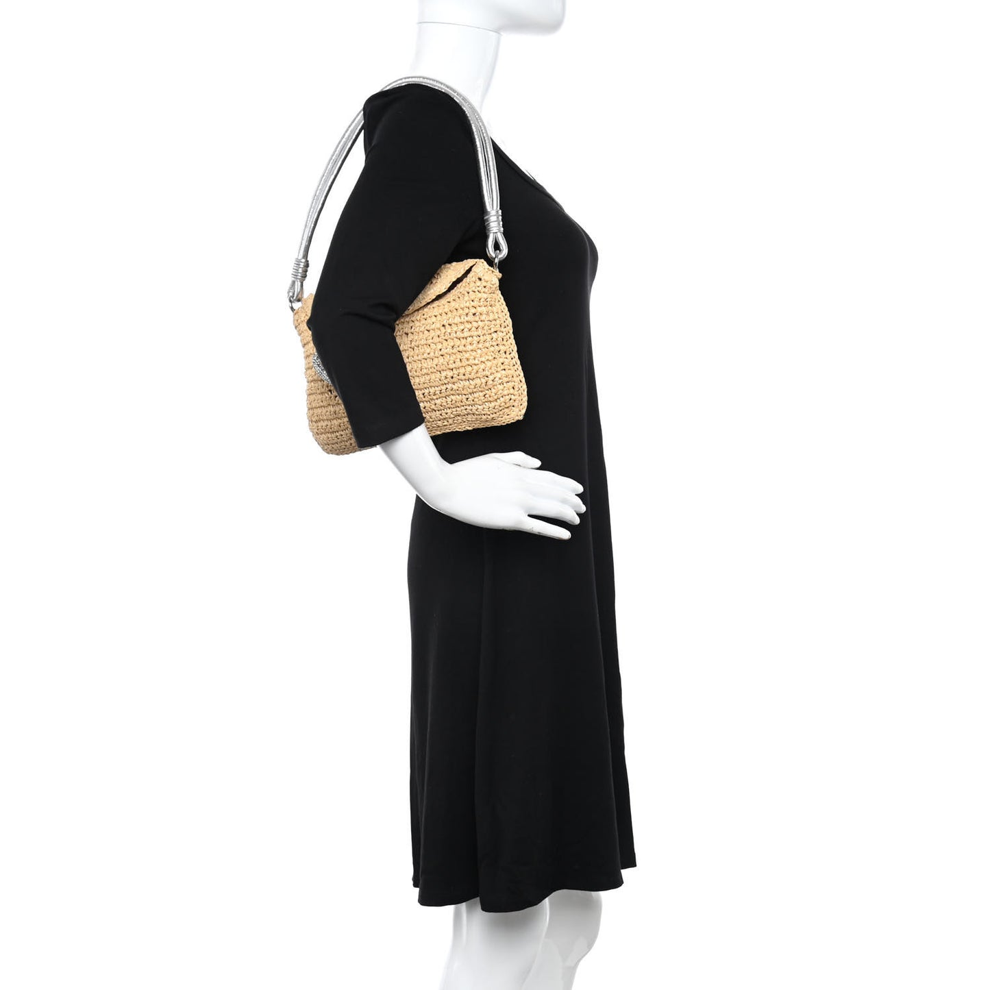 Raffia Metallic Calfskin Flap Natural Silver