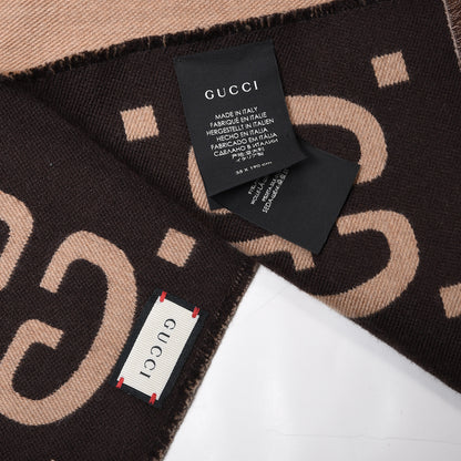 Gucci Wool Silk Monogram Jumbo GG Freedom Scarf Dark Brown Beige 3 of 3