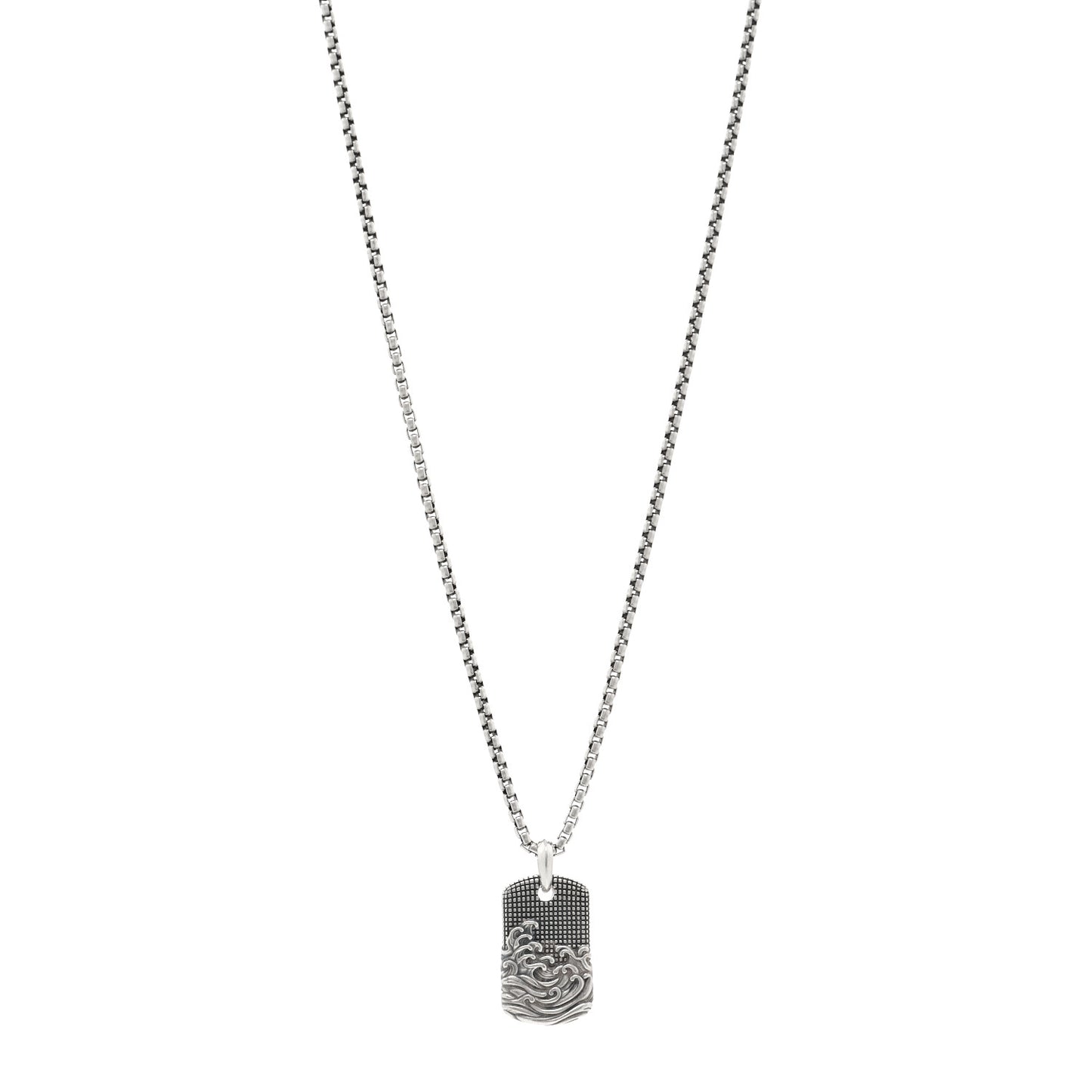 Sterling Silver Mens Wave Tag Pendant Necklace